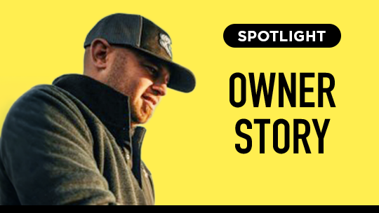 Owner headshot against a yellow background with black text reading "Spotlight. Owner story"