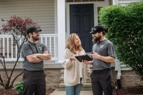 Happy customer talking to a junk hauler during her junk removal service